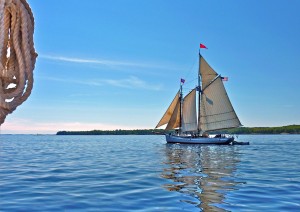 The windjammer American Eagle sailing past the schooner, Heritage, Rockland, Maine