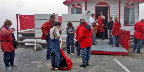 preparing for zodiac whale watch, Charlevoix, Quebec, Canada