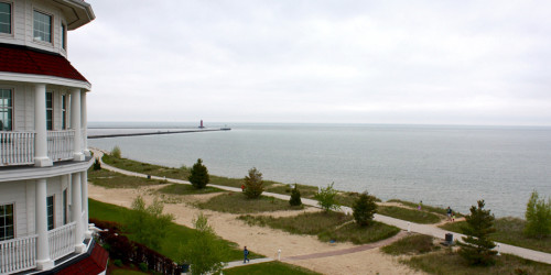 predawn view of the walkway and lighthouse from the Blue Harbor Resort, Sheboygan, Wisconsin