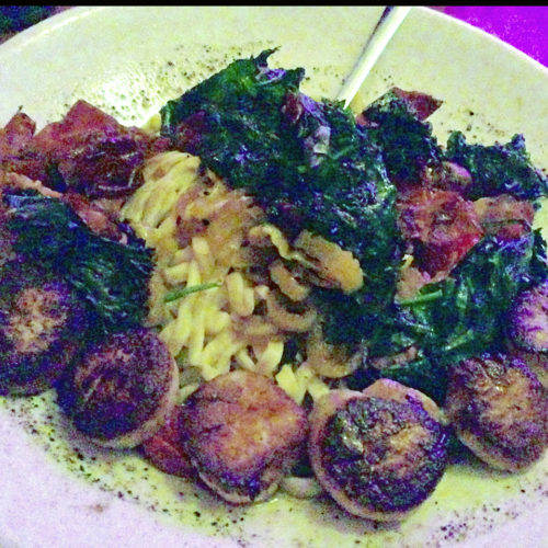 Alfa Gondola seared local scallops with roasted speck ham, greens, mushrooms, garlic, oregano, banana peppers, & tomatoes with fresh pasta, Cafe Miranda Rockland, Maine