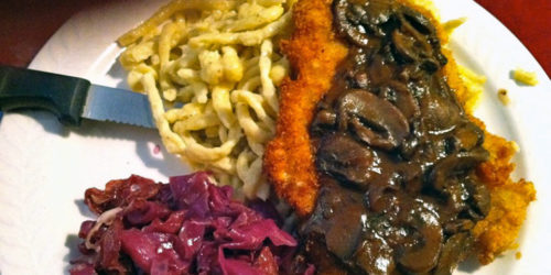 Morse's pork schnitzel and Jaeger sauce with spaëtzle, red cabbage and apple