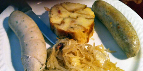 Sausage Plate, 2 Schaller & Weber sausages with Haus Kraut and seasonal dumpling, Morse's, North Waldoboro, Maine