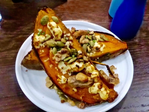 Loaded Sweet Potato with nuts, seeds, green onions, and goat cheese, Forge & Vine, Groton Inn, Groton, Massachusetts